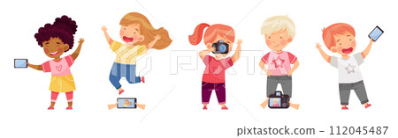 Cute Little Boy and Girl with Camera Taking Photo Vector Set Cute Little Boy and Girl with Camera Taking Photo Vector Set 112045487