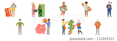 Man and Woman Character with Money Coin and Banknote Vector Set Man and Woman Character with Money Coin and Banknote Vector Set 112045515