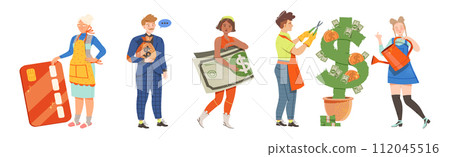 Man and Woman Character with Money Coin and Banknote Vector Set Man and Woman Character with Money Coin and Banknote Vector Set 112045516