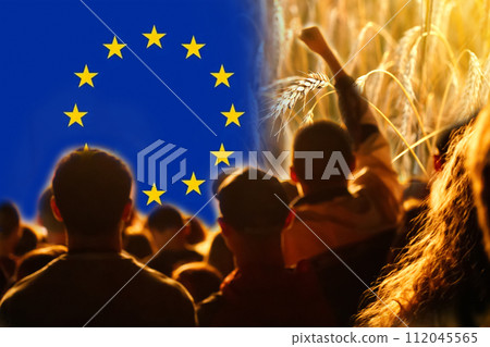 Farmers protest in Europe. Flag, wheat and people background. Farmers' protests in Europe Farmers protest in Europe. Flag, wheat and people background. Farmers' protests in Europe 112045565