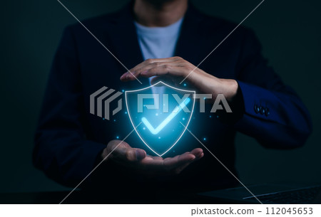Businessman show standard quality control certification assurance guarantee for automation process. Quality management, Standardization, health insurance, Audit Service company, business certificate, Businessman show standard quality control certification assurance guarantee for automation process. Quality management, Standardization, health insurance, Audit Service company, business certificate, 112045653