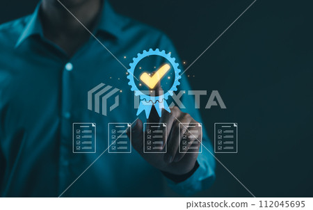 Standardization and certification concept. Compliance with regulations and standards. Management with Quality Assurance (QA) and Quality Control (QC) and improvement. business certificate, guarantee, 112045695