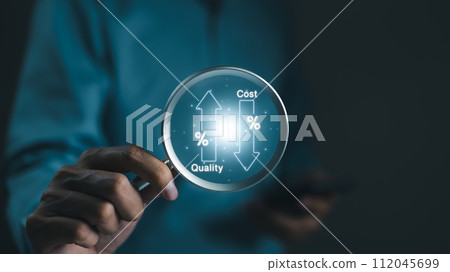 Cost reduction concept. Quality increase and cost optimization for products or services to improve and enhance company performance. Successful corporate strategy and management. Effective business, 112045699