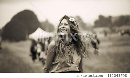 Pretty hippie woman, beautiful young hipster. Concept of youth, freedom and adventure. Cute cheerful teenage lady. attractive female vintage girl. Pretty hippie woman, beautiful young hipster. Concept of youth, freedom and adventure. Cute cheerful teenage lady. attractive female vintage girl. 112045798