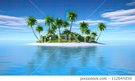 Tropical island in middle of ocean. Palm trees and trees on sandy beach in sea. Summer Paradise Bay, 112045856