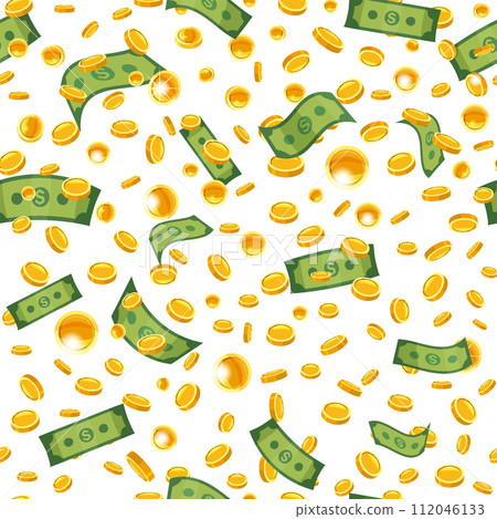 Falling coins banknotes seamless pattern, background success concept Falling coins banknotes seamless pattern, background success concept 112046133