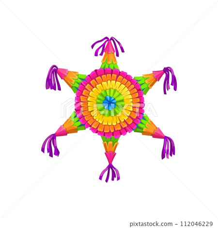 Mexican pinata, isolated cartoon vector vibrant, star-shaped holiday papier-mache item, filled with candies and treats, adorned with colorful decorations, bringing joy and surprises to participants Mexican pinata, isolated cartoon vector vibrant, star-shaped holiday papier-mache item, filled with candies and treats, adorned with colorful decorations, bringing joy and surprises to participants 112046229
