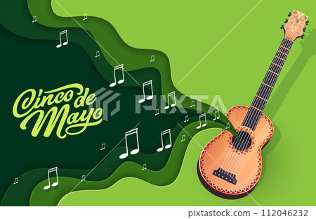 Cinco de Mayo paper cut banner with guitar and flying musical notes for Mexican holiday, vector background. Cinco de Mayo fiesta celebration with mariachi music guitar and notes in papercut layers 112046232