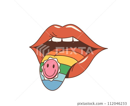 Cartoon groovy woman mouth with tongue and drug stamp. Isolated vector lips reveal a protruding rainbow tongue, adorned with a small, vividly designed smile blotter, hinting at psychedelic experiences 112046233