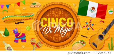 Cinco de mayo holiday paper cut banner with mexican flag, food and musical instruments. Vector festive background with sombrero, mustaches, pinata and guitar. Tex mex quesadilla, tequila, and avocado Cinco de mayo holiday paper cut banner with mexican flag, food and musical instruments. Vector festive background with sombrero, mustaches, pinata and guitar. Tex mex quesadilla, tequila, and avocado 112046237