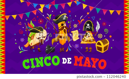 Cinco de Mayo banner. Cartoon Tex Mex mexican cuisine pirate characters. Hispanic culture festival background, latin carnival or party vector flyer with taco, churro and nacho cute pirate personages 112046240