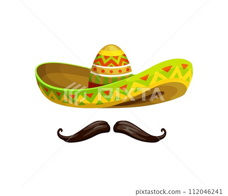 Mexican cinco de mayo holiday sombrero with mustaches. Isolated cartoon vector Mariachi musician hat adorned with vibrant colors and intricate patterns, symbolizes Latin culture, and festive spirit 112046241