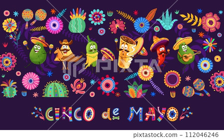 Cinco de Mayo holiday banner. Cartoon Tex Mex food characters. Hispanic culture holiday invitation card, Cinco de Mayo festival vector background with nacho chip, avocado and burrito, jalapeno pepper Cinco de Mayo holiday banner. Cartoon Tex Mex food characters. Hispanic culture holiday invitation card, Cinco de Mayo festival vector background with nacho chip, avocado and burrito, jalapeno pepper 112046246