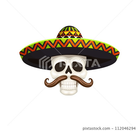 Mexican cinco de mayo holiday character. Mariachi musician skull with sombrero and mustaches. Vector Day of dead cranium, Dia de los muertos traditional calaca skeleton head for holiday celebration 112046294