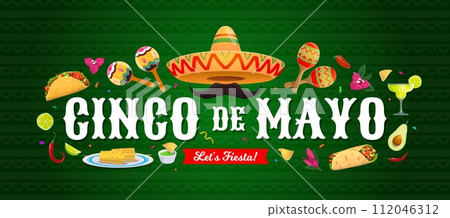 Cinco de Mayo Mexican holiday banner with sombrero and food, vector poster. Mexican Cinco de Mayo celebration and fiesta party maracas, margarita and burrito with taco, avocado guacamole and peppers 112046312
