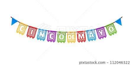 Mexican cinco de mayo holiday pennants. Isolated cartoon vector hanging papel picado flag garland, vibrant party decorations for celebration Hispanic heritage, symbolizing joy and cultural pride 112046322