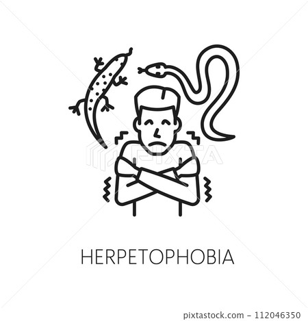 Human herpetophobia phobia icon, mental health. Fear of reptiles, people psychology problem line vector icon. Mental disorder outline pictogram or sign with man scared snake and lizard Human herpetophobia phobia icon, mental health. Fear of reptiles, people psychology problem line vector icon. Mental disorder outline pictogram or sign with man scared snake and lizard 112046350