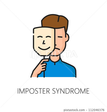 Imposter syndrome psychological disorder problem, mental health icon, portrays a person wearing mask, symbolizing the feeling of inadequacy and self-doubt despite external success, vector linear sign Imposter syndrome psychological disorder problem, mental health icon, portrays a person wearing mask, symbolizing the feeling of inadequacy and self-doubt despite external success, vector linear sign 112046376