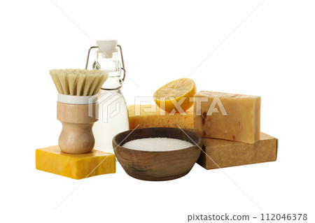 PNG, Sponges, soap, lemon, bottle and bowl, isolated on white background PNG, Sponges, soap, lemon, bottle and bowl, isolated on white background 112046378
