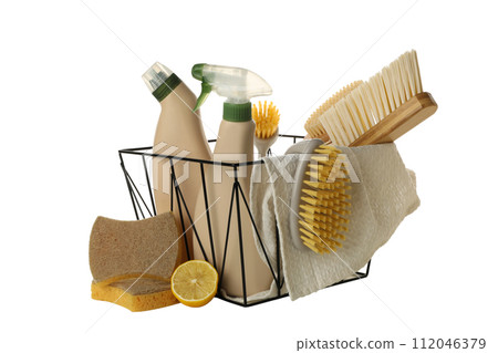PNG, Basket with towels, brushes and detergents, isolated on white background PNG, Basket with towels, brushes and detergents, isolated on white background 112046379