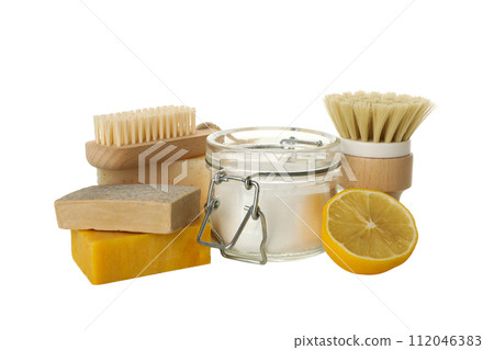 PNG, Soap, brushes, lemon and jar of soda, isolated on white background PNG, Soap, brushes, lemon and jar of soda, isolated on white background 112046383