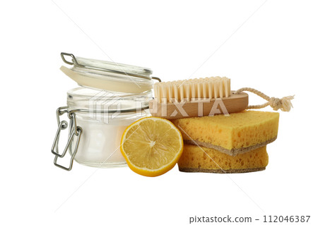 PNG, Jar, lemon, sponges and brush, isolated on white background PNG, Jar, lemon, sponges and brush, isolated on white background 112046387