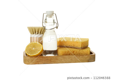 PNG, Bottle, lemon, sponges and brush, isolated on white background PNG, Bottle, lemon, sponges and brush, isolated on white background 112046388