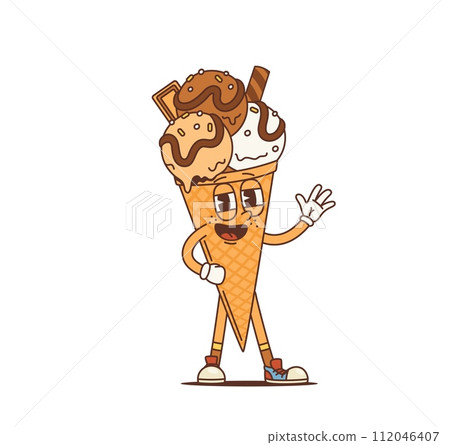 Cartoon ice cream cone groovy character. Isolated vector psychedelic summer dessert personage. Funny positive waffle cone wearing wide funky smile, exuding chill vibes and retro nostalgic charm Cartoon ice cream cone groovy character. Isolated vector psychedelic summer dessert personage. Funny positive waffle cone wearing wide funky smile, exuding chill vibes and retro nostalgic charm 112046407
