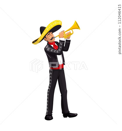 Mexican Cinco de Mayo holiday character, mariachi musician in sombrero with trumpet, isolated vector. Cinco de Mayo fiesta or carnival mariachi man playing mariachi music in national costume Mexican Cinco de Mayo holiday character, mariachi musician in sombrero with trumpet, isolated vector. Cinco de Mayo fiesta or carnival mariachi man playing mariachi music in national costume 112046415