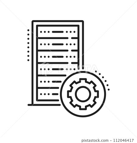 Network server, cloud storage, database backup icon. Remote server service, hosting datacenter, compute and connection infrastructure platform thin line vector pictogram. Web storage center line icon Network server, cloud storage, database backup icon. Remote server service, hosting datacenter, compute and connection infrastructure platform thin line vector pictogram. Web storage center line icon 112046417