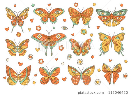 Groovy hippie butterfly, isolated retro insects. Isolated vector set embodying spirit of 1960s counterculture with psychedelic beauty, vibrant hues, intricate wing patterns and whimsical flights Groovy hippie butterfly, isolated retro insects. Isolated vector set embodying spirit of 1960s counterculture with psychedelic beauty, vibrant hues, intricate wing patterns and whimsical flights 112046420