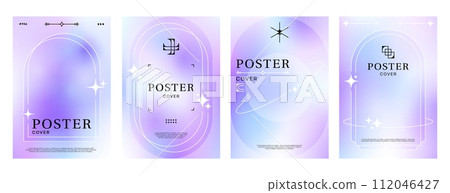 Gradient y2k poster background with abstract shapes. Modern, aesthetic and trendy vector templates with minimal fluid style designs, holographic purple colors, geometric figures, lines and elements Gradient y2k poster background with abstract shapes. Modern, aesthetic and trendy vector templates with minimal fluid style designs, holographic purple colors, geometric figures, lines and elements 112046427