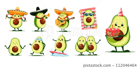 Cartoon kawaii Mexican avocado characters with sombrero, guitar and maracas, vector kids personages. Funny cute avocado with birthday cake, on surfboard or summer holiday vacations and fitness sport Cartoon kawaii Mexican avocado characters with sombrero, guitar and maracas, vector kids personages. Funny cute avocado with birthday cake, on surfboard or summer holiday vacations and fitness sport 112046464