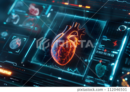 AI-generated content. Medical technology concept - Futuristic medical interface displaying human heart AI-generated content. Medical technology concept - Futuristic medical interface displaying human heart 112046501