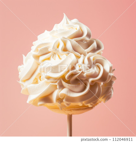 White texture of Vanilla ice cream with whipped cream on a stick on a pink background. Detailed pure creamy White texture of Vanilla ice cream with whipped cream on a stick on a pink background. Detailed pure creamy 112046911
