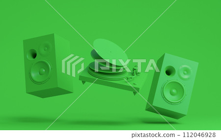 Set of Hi-fi speakers and DJ turntable for sound recording studio on monochrome Set of Hi-fi speakers and DJ turntable for sound recording studio on monochrome 112046928