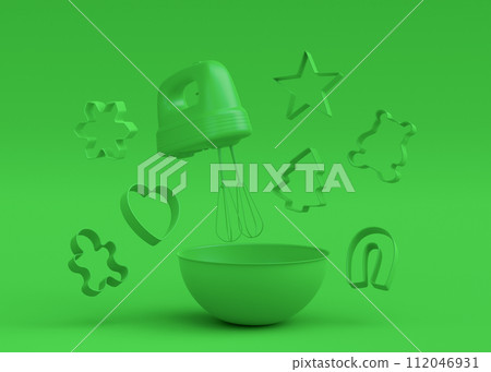 Mixer and cookie cutters with kitchen utensil for making cookies on monochrome 112046931
