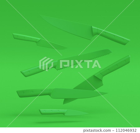 Wooden kitchen utensils, tools and equipment on green monochrome background. Wooden kitchen utensils, tools and equipment on green monochrome background. 112046932