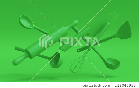 Wooden kitchen utensils, tools and equipment on green monochrome background. 112046935