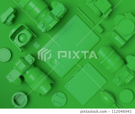 Top view of designer workspace and photography gear on monochrome table 112046941