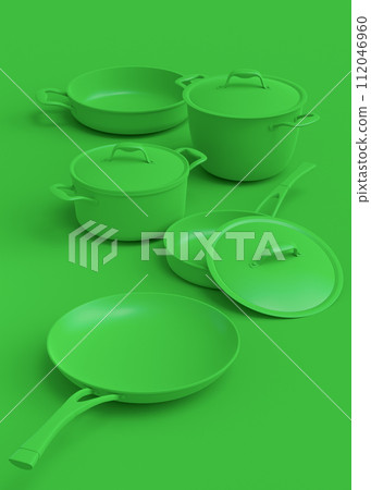Set of flying stewpot, frying pan and plated cookware on monochrome background 112046960