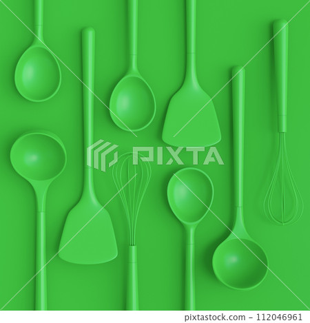 Wooden kitchen utensils, tools and equipment on green monochrome background. Wooden kitchen utensils, tools and equipment on green monochrome background. 112046961