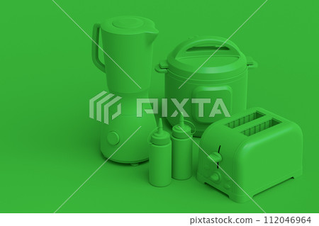 Electric kitchen appliances and utensils for making culinary on green monochrome Electric kitchen appliances and utensils for making culinary on green monochrome 112046964