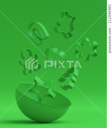 Set of metal cookie cutters for homemade Christmas biscuit on green monochrome Set of metal cookie cutters for homemade Christmas biscuit on green monochrome 112046965