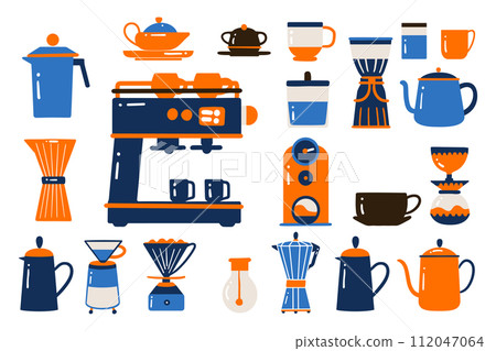 Coffee making equipment collection flat style isolated on background 112047064