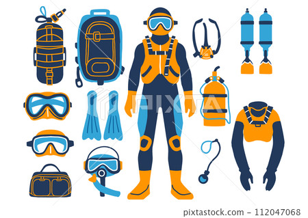 aquanaut object collection flat style isolated on background aquanaut object collection flat style isolated on background 112047068
