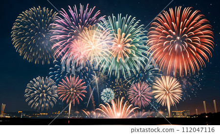 colorful fireworks of various colors in city 112047116