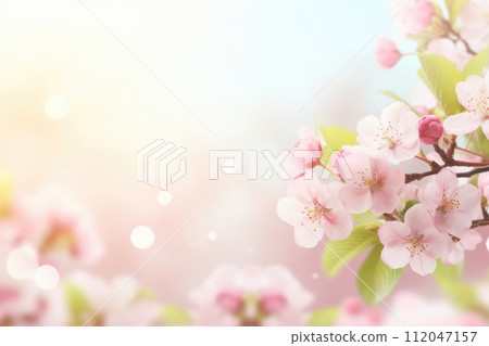Ai generated apple tree branch of a flowering tree on blurred background with copy space 112047157