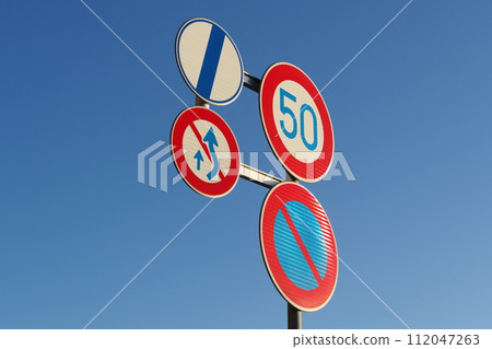 Road sign: Maximum speed, No parking, Extends right side for overtaking, No passing allowed End 112047263