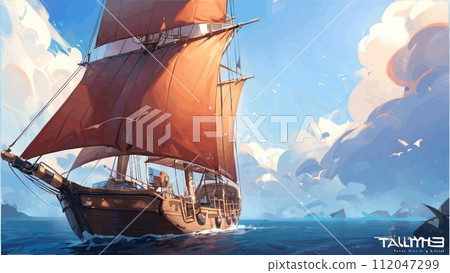 Illustration of a sailing ship running in the sea 112047299